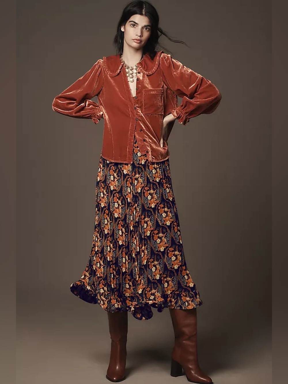 Farm Rio Pleated Crepe Midi Skirt
